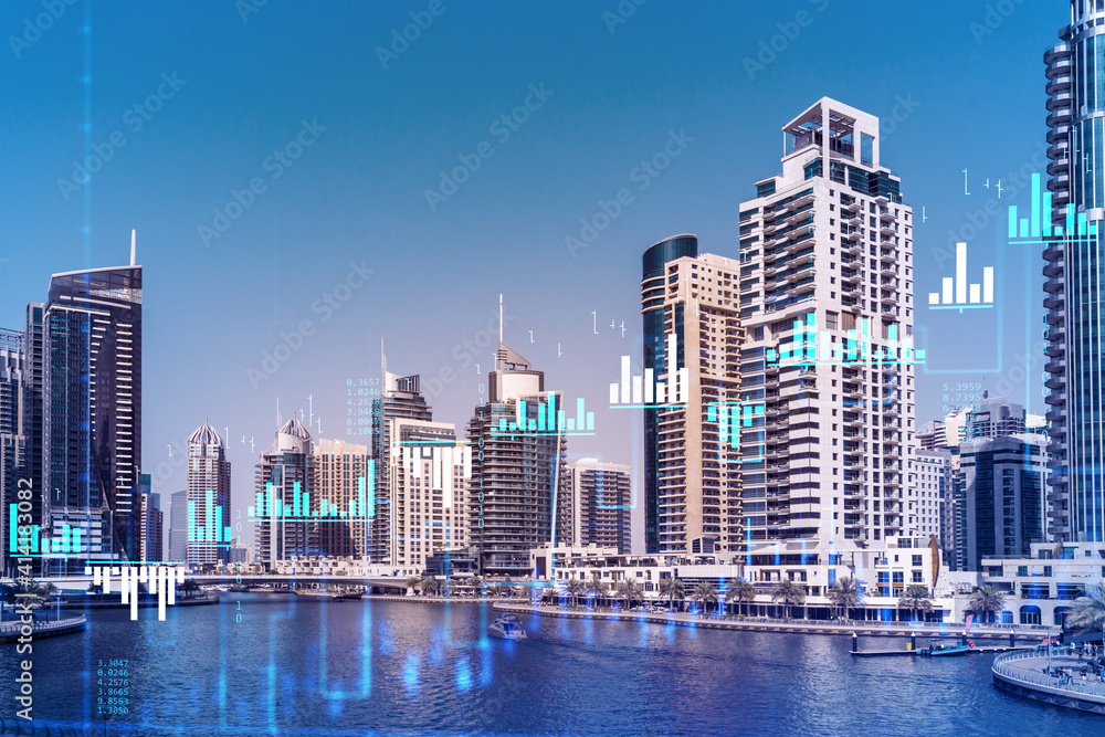 Obraz premium Skyscrapers of Dubai business downtown. International hub of trading and financial services of Western Asia. FOREX graph and chart concept. Double exposure. Dubai Canal waterfront.