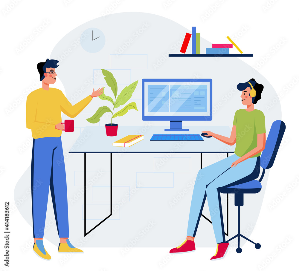 Man and woman talking ideas in the office. Flat design illustration. Vector