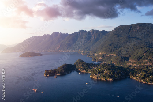 Aerial view of Horseshoe Bay in Howe Sound during a sunny summer evening. Sunset Sky Art Render. Located in West Vancouver, BC, Canada.