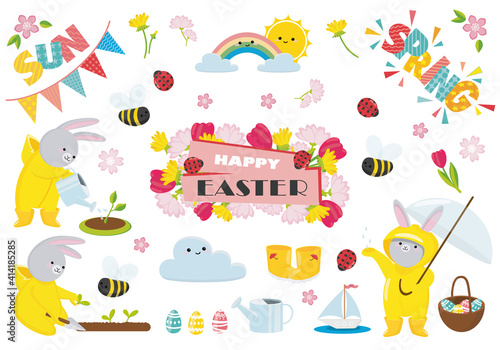 Spring and Easter collection of cute bunnies, flowers and decorations. Perfect for poster, greeting card, scrapbooking, tag, invitation, sticker set. Hand drawn vector illustration.