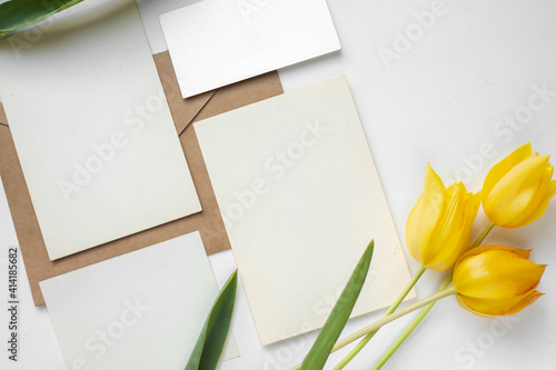 set of CARDs MOCKUP WITH tulipsFLOWERS with ribbon photo