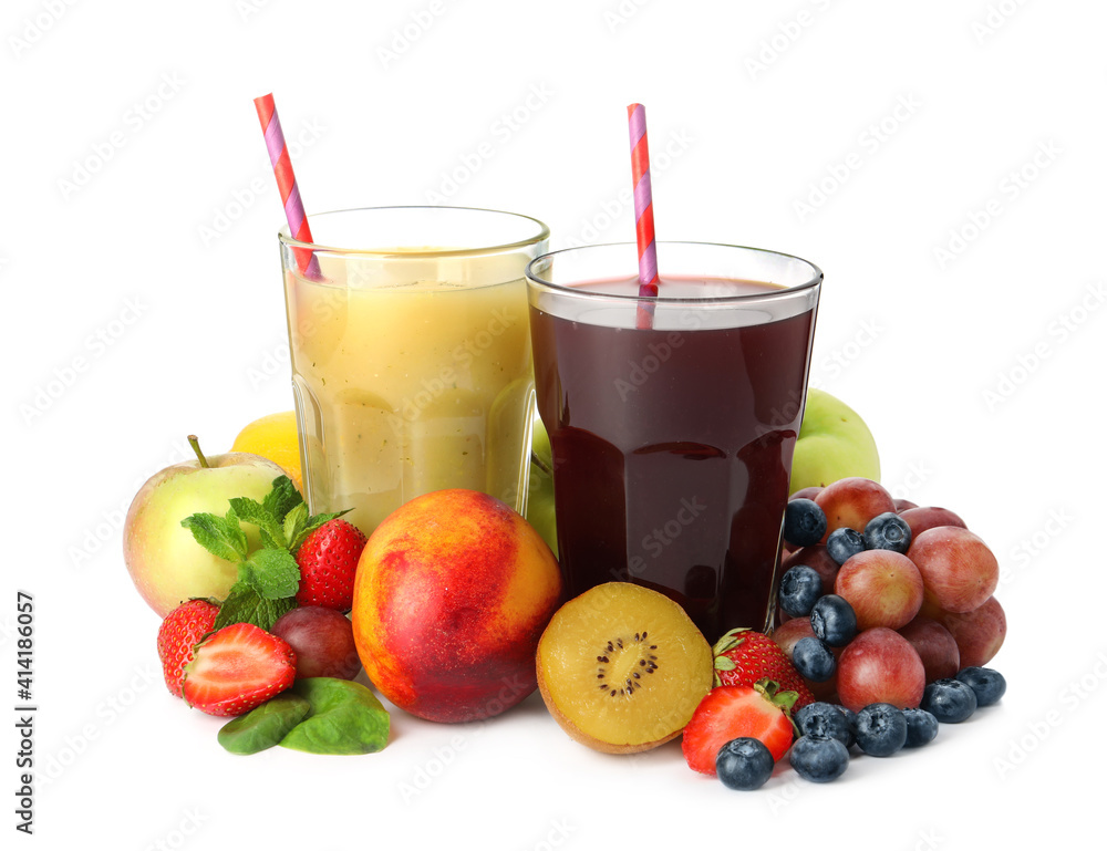 Glasses of delicious juices and fresh ingredients on white background Glasses of delicious juices and fresh ingredients on white background