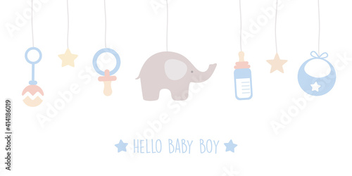 baby boy welcome greeting card for childbirth with hanging utensils vector illustration EPS10