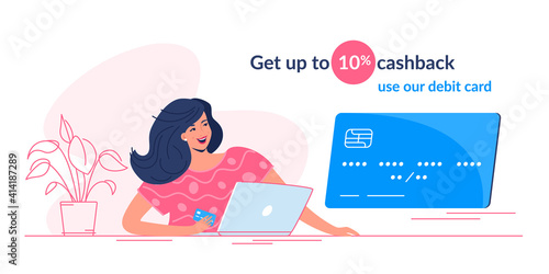 Happy smiling woman sitting with laptop and taking a bank card to get cashback. Flat modern vector illustration of people who use debit card for online shopping. Female consumer with credit card