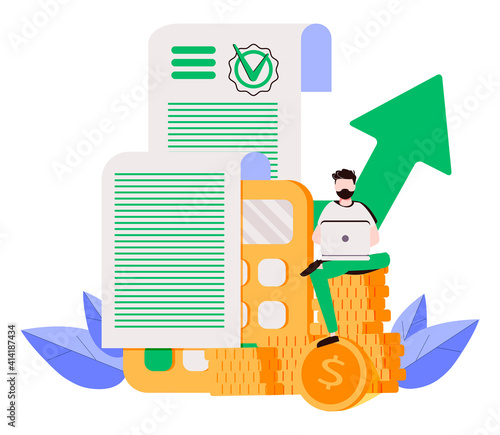 Vector illustration of a man looking at a long bill or sales check. Online accountant service for business. Cost breakdown, spend or income-expenditure analysis concept.