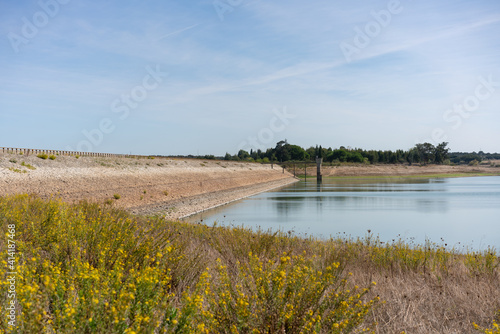 Divor dam landscape on a cloudy day in Alentejo with yellow flowers on the foreground, Portugal