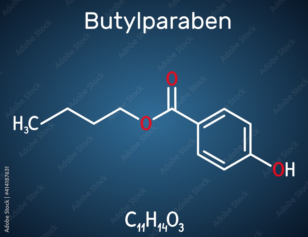 Butylparaben, butyl p-hydroxybenzoate, butyl paraben molecule. It is paraben, antimicrobial preservative in cosmetics. Structural chemical formula on the dark blue background. Vector illustration