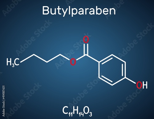 Butylparaben, butyl p-hydroxybenzoate, butyl paraben molecule. It is paraben, antimicrobial preservative in cosmetics. Structural chemical formula on the dark blue background. Vector illustration photo
