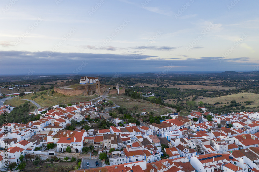 Arraiolos village drone aerial view at sunset in Alentejo, Portugal