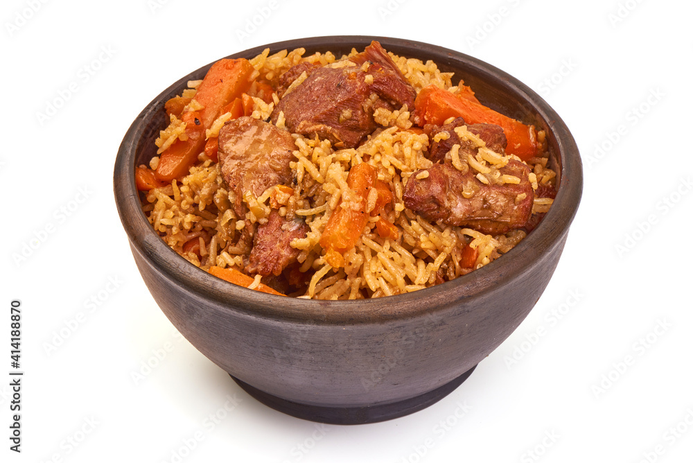 Pilaf made from beef, isolated on white background Pilaf made from beef, isolated on white background
