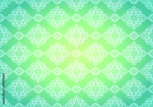 Oriental vintage background with Indo-Persian ornaments. Royal, luxurious, horizontal textured wallpaper of light green color, with darkening at the edges, vignette. Vector illustration