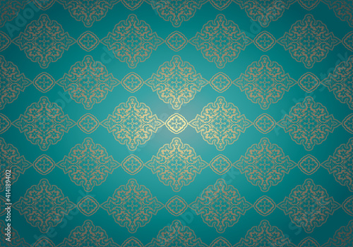 Oriental vintage background with Indo-Persian ornaments. Royal, luxurious, horizontal textured wallpaper turquoise with gold color, with darkening at the edges, vignette. Vector illustration