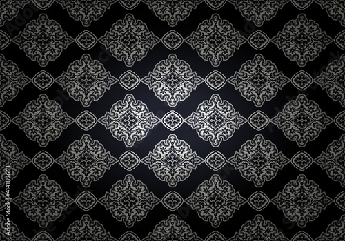 Oriental vintage background with Indo-Persian ornaments. Royal, luxurious, horizontal textured wallpaper in black and silver with darkening at the edges, vignette. Vector illustration