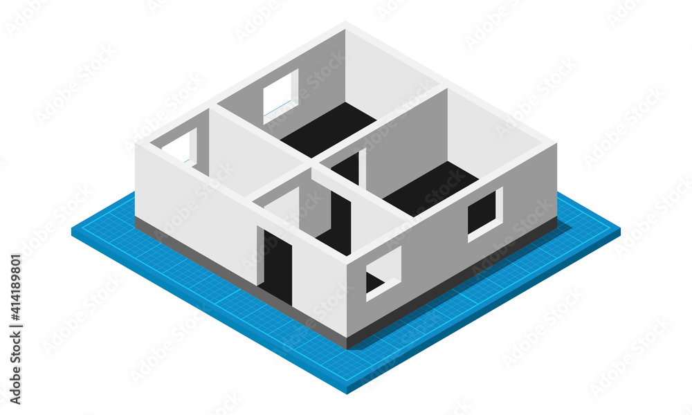 Isometric blueprint one floor building construction in process flat vector icon isolated on white background.