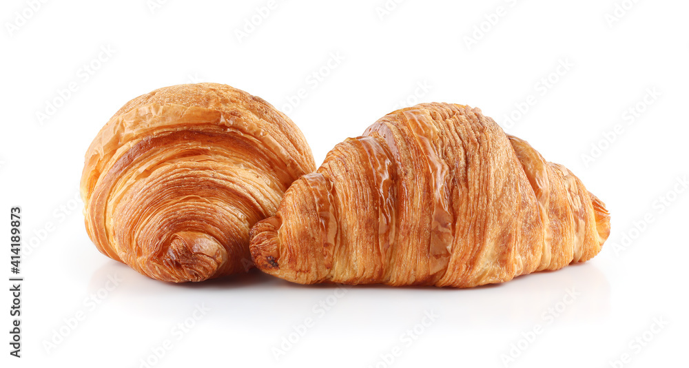 Fresh tasty croissants on white background with clipping path, French pastry.