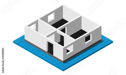 Isometric blueprint one floor building construction in process flat vector icon isolated on white background.