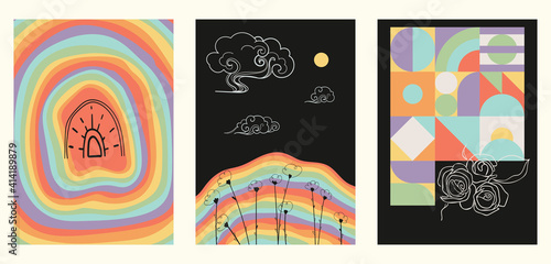 Set of three minimalist rainbow posters. Backgrounds for your social media, web design, interiors. Vintage illustrations with different bright stripes, clouds, thin lines, geometric shapes.