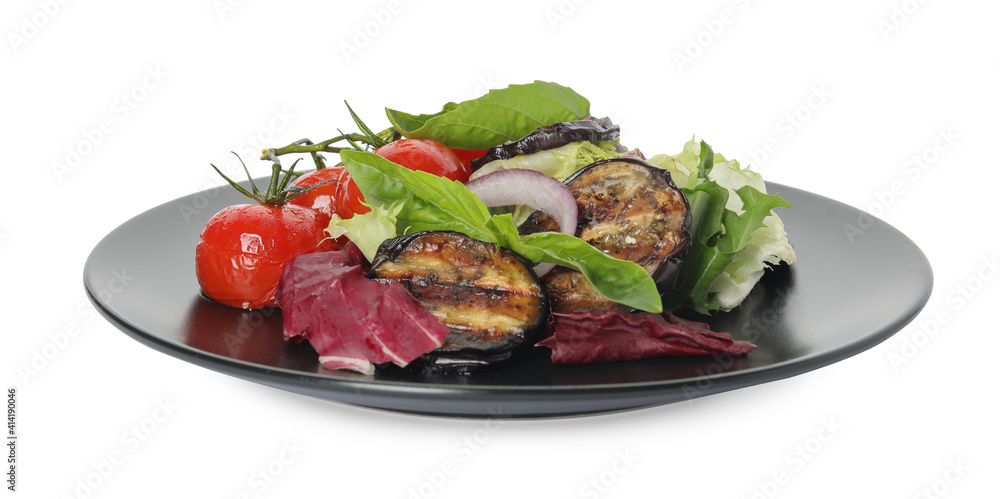 Delicious salad with roasted eggplant and basil isolated on white