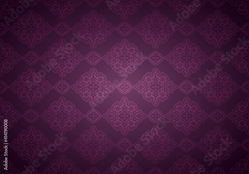 Oriental vintage background with Indo-Persian ornaments. Royal, luxurious, horizontal textured wallpaper in purple, plum color, with darkening at the edges, vignette. Vector illustration