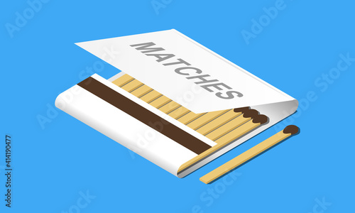 Isometric open matchbox and matchstick vector icon isolated on blue background.