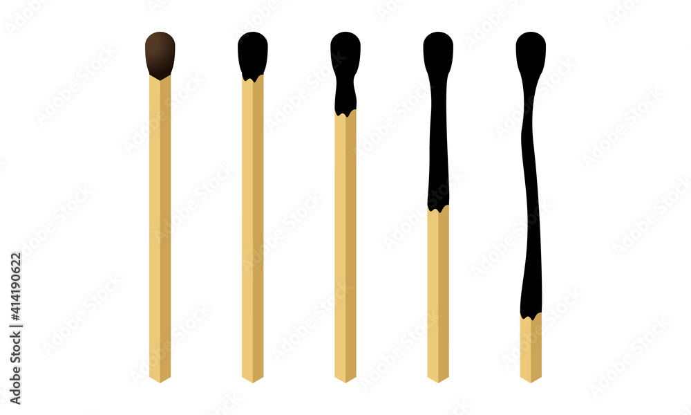 Set of unlit and burnt matches at various phases vector illustration isolated on white background. Set of unlit and burnt matches at various phases vector illustration isolated on white background.