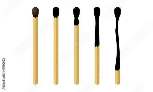 Set of unlit and burnt matches at various phases vector illustration isolated on white background.