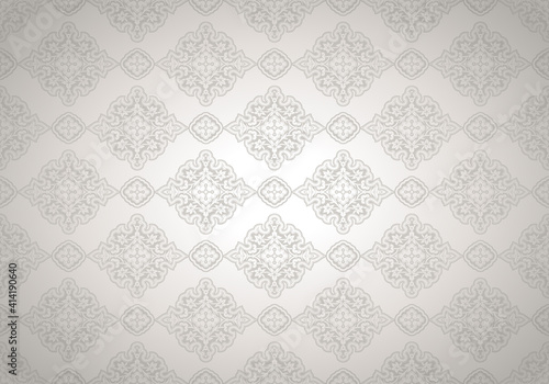 Oriental vintage background with Indo-Persian ornaments. Royal, luxurious, horizontal textured wallpaper in white, with darkening at the edges, vignette. Vector illustration