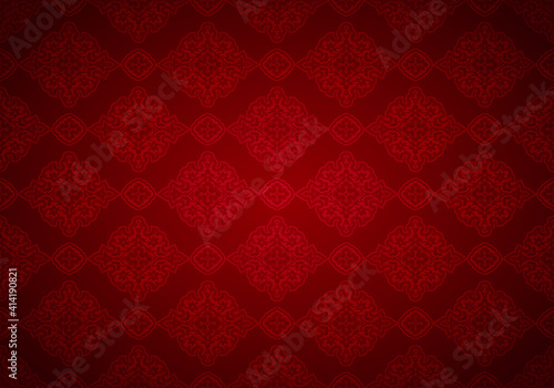 Oriental vintage background with Indo-Persian ornaments. Royal, luxurious, horizontal textured wallpaper in red, with darkening at the edges, vignette. Vector illustration