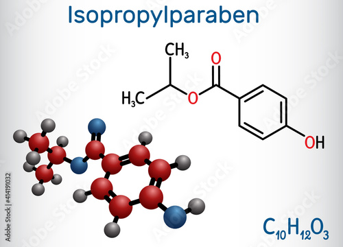 Isopropylparaben, isopropyl paraben molecule. It is paraben, antimicrobial, antifungal preservative. Structural chemical formula, molecule model