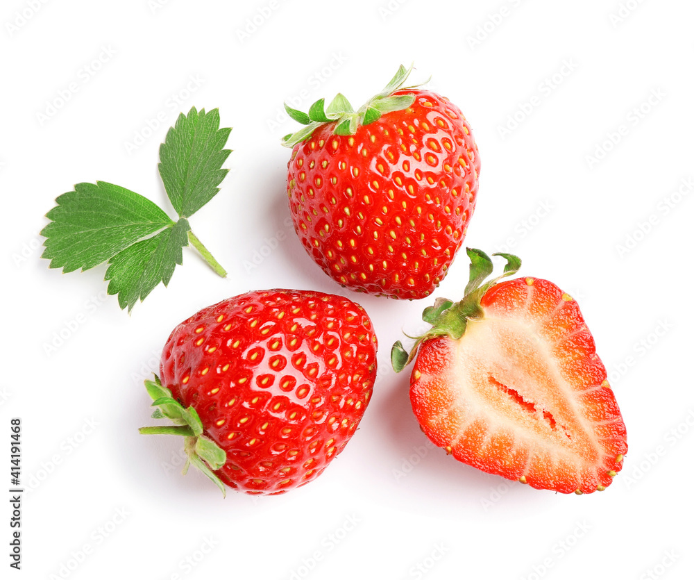 Delicious fresh red strawberries and green leaf on white background, top view Delicious fresh red strawberries and green leaf on white background, top view