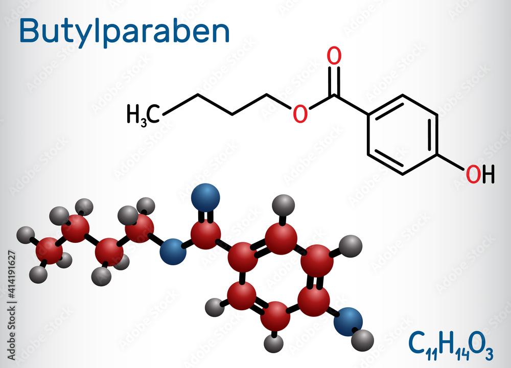 Butylparaben, butyl p-hydroxybenzoate, butyl paraben molecule. It is paraben, antimicrobial preservative in cosmetics. Structural chemical formula, molecule model Butylparaben, butyl p-hydroxybenzoate, butyl paraben molecule. It is paraben, antimicrobial preservative in cosmetics. Structural chemical formula, molecule model