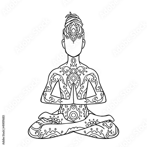 Yoga man with dreadlock. Ornament beautiful line art. Concept of meditation. Geometric element hand drawn.