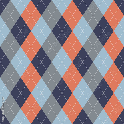 Argyle pattern in navy blue, orange, grey, light blue. Geometric vector argyll background art for gift wrapping, socks, sweater, jumper, or other modern spring autumn winter fashion textile print.