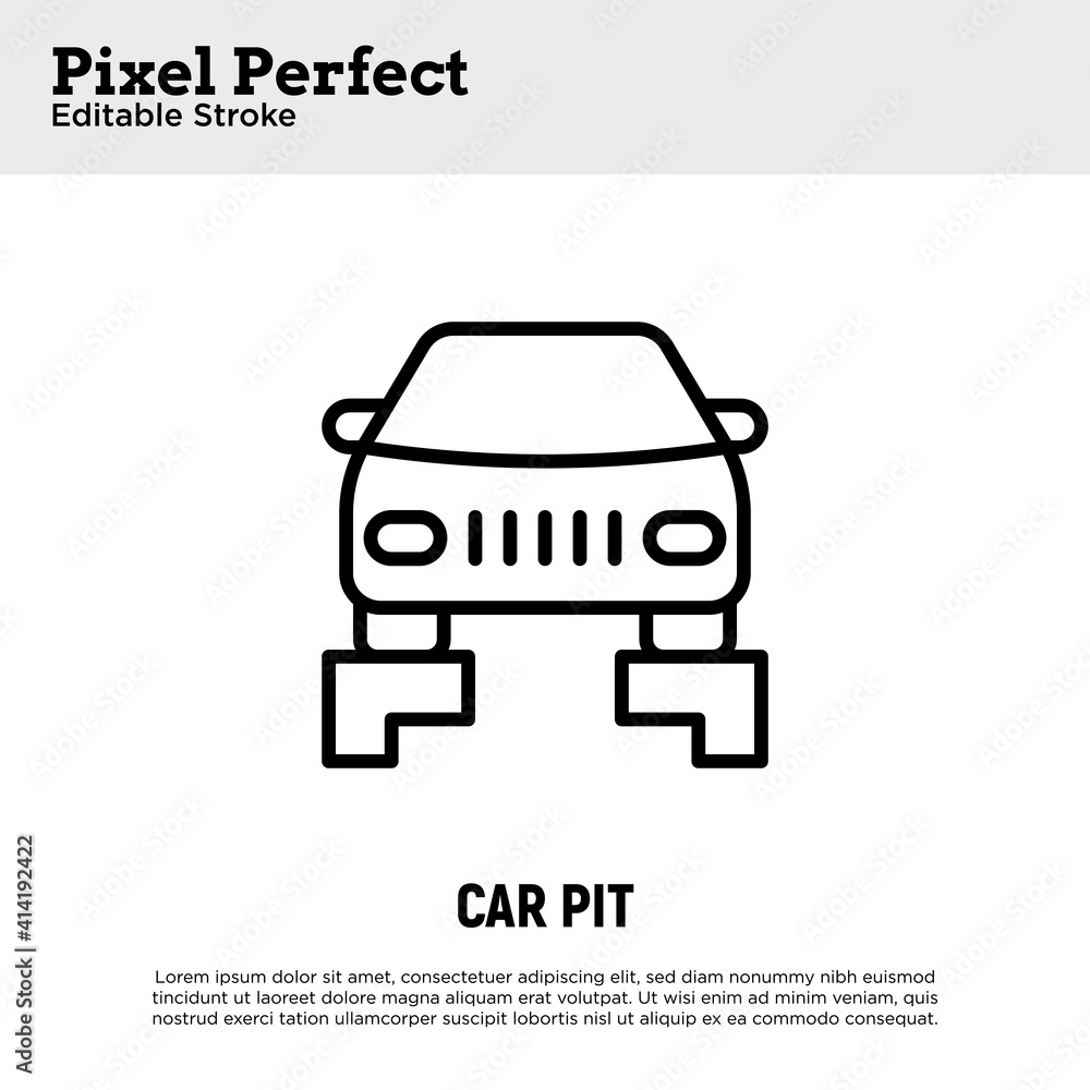 Car lift thin line icon. Pixel perfect, editable stroke. Vector illustration for car service. Car lift thin line icon. Pixel perfect, editable stroke. Vector illustration for car service.