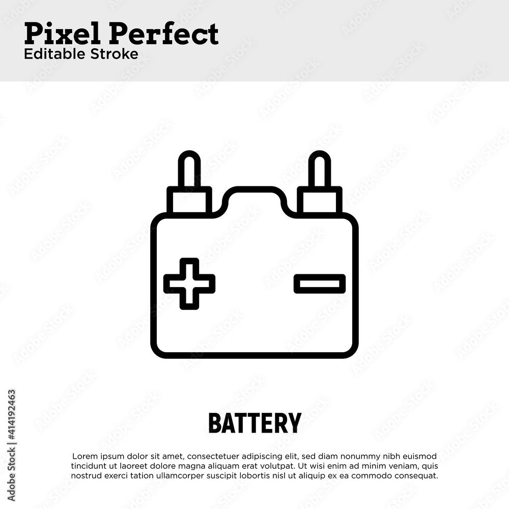 Car battery or accumulator thin line icon. Pixel perfect, editable stroke. Vector illustration. Car battery or accumulator thin line icon. Pixel perfect, editable stroke. Vector illustration.