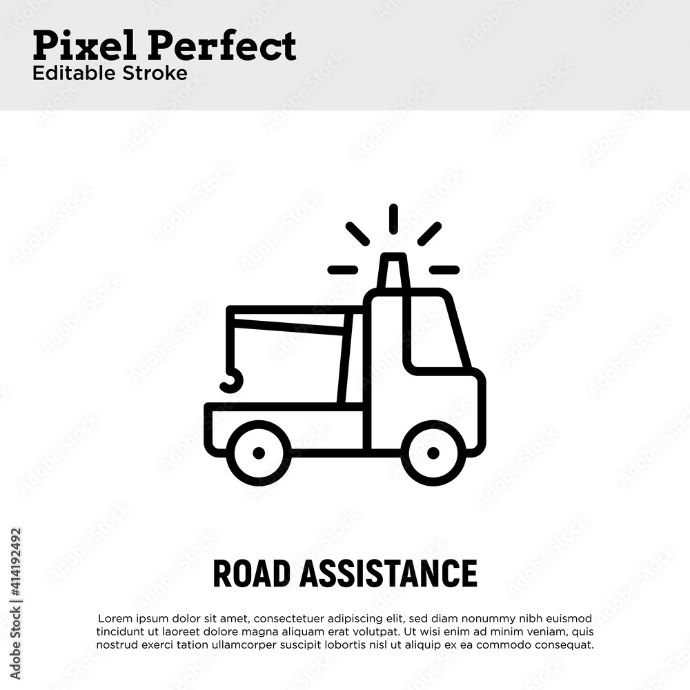 Road assistance thin line icon. Evacuator for damaged car. Pixel perfect, editable stroke. Vector illustration. Road assistance thin line icon. Evacuator for damaged car. Pixel perfect, editable stroke. Vector illustration.