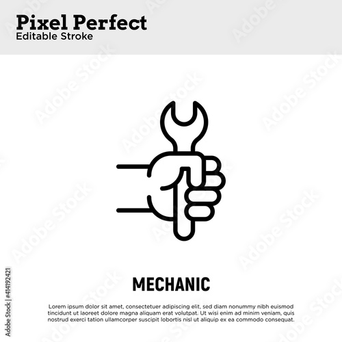 Car service symbol: wrench in hand. Thin line icon. Pixel perfect, editable stroke. Logo for repairman, plumber or builder. Vector illustration.