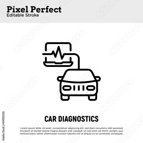 Car service: car computer diagnostics thin line icon. Pixel perfect, editable stroke. Vector illustration.