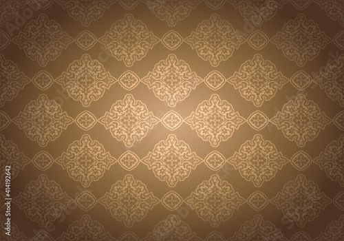 Oriental vintage background with Indo-Persian ornaments. Royal, luxurious, horizontal textured wallpaper in gold color, with darkening at the edges, vignette. Vector illustration