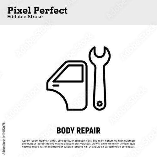 Car service: auto body repair thin line icon. Car door and wrench. Pixel perfect, editable stroke. Vector illustration.