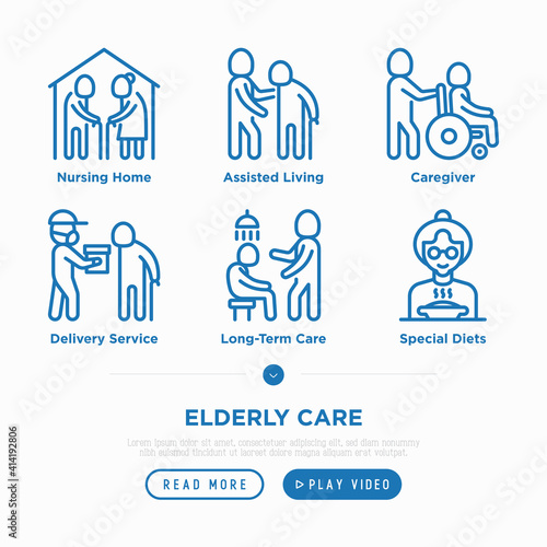 Nursing home for elderly people thin line icons set. Assisted living for disabled, volunteers help and support. Long-term service. Pixel perfect, editable stroke. Vector illustration.