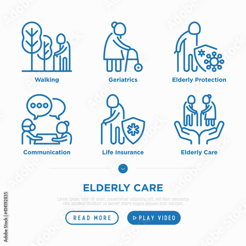 Nursing home for elderly people thin line icons set. Assisted living for disabled, volunteers help and support. Long-term service. Pixel perfect, editable stroke. Vector illustration.