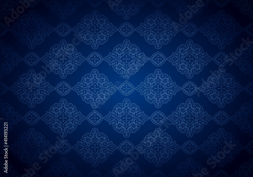 Oriental vintage background with Indo-Persian ornaments. Royal, luxurious, horizontal textured wallpaper in ultramarine blue, with darkening at the edges, vignette. Vector illustration