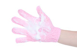 hand in bath glove with soapy foam mousse on white background isolation