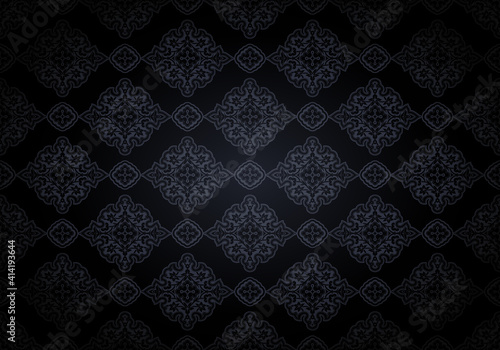 Oriental vintage background with Indo-Persian ornaments. Royal, luxurious, horizontal textured wallpaper in black with darkening at the edges, vignette. Vector illustration