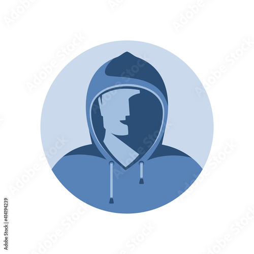Hidden person, incognito, invisible, anonymous in the form of a man with a hood pulled over his face. Isolated vector illustration in a circle, icon, emblem, avatar