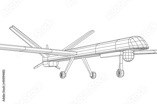 Military drone combat unmanned aerial vehicle. Recon aircraft plane. Wireframe low poly mesh vector illustration.