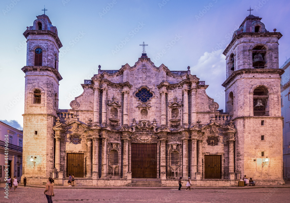Sunset photo of The Cathedral of the Virgin Mary of the Immaculate Conception in the Plaza de la Catedral in the center of Old Havana, Cuba