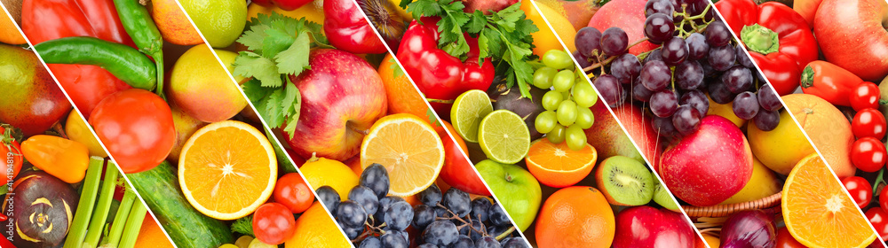 fruits and vegetables background. Collage. Wide photo. fruits and vegetables background. Collage. Wide photo.