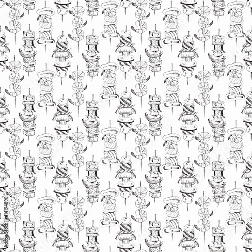 Seafood seamless pattern. Graphic food background with kebabs of meat  vegetables and fish. Hand drawing illustration. White background